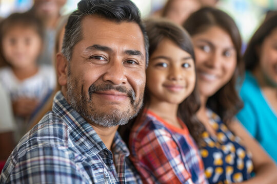 a Latino family attending a school orientation