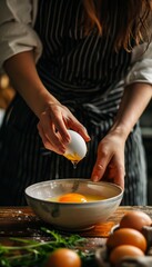 Obraz premium Woman cracking an egg into a bowl in a high quality image of home kitchen cooking