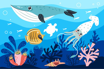 Fototapeta premium Underwater sea ocean world fish abstract concept. Vector graphic design illustration 