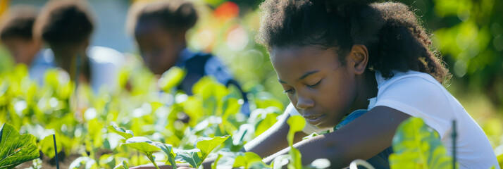 African American students exploring a school garden
