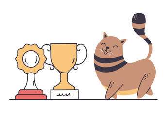 Award cat character with golden medals and cups isolated concept. Vector flat graphic design cartoon illustration