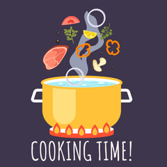 Cooking time recipe soup dish logo concept. Vector flat graphic design illustration
