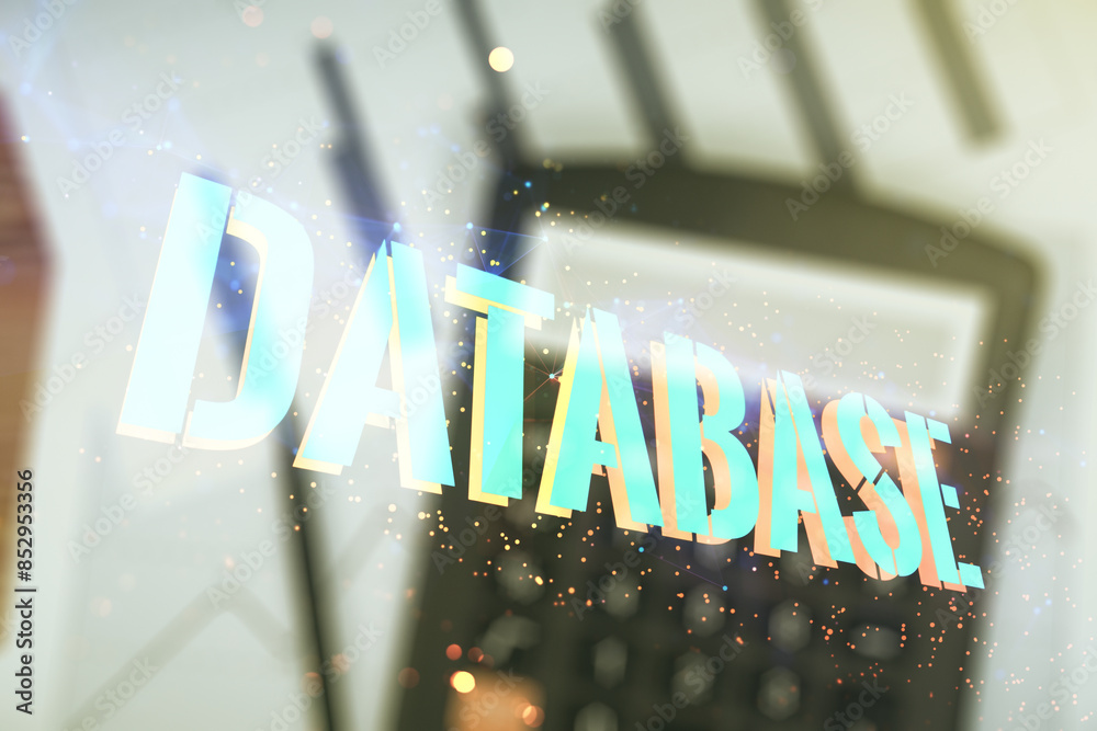 Poster double exposure of database word sign on calculator background, global research and analytics concep
