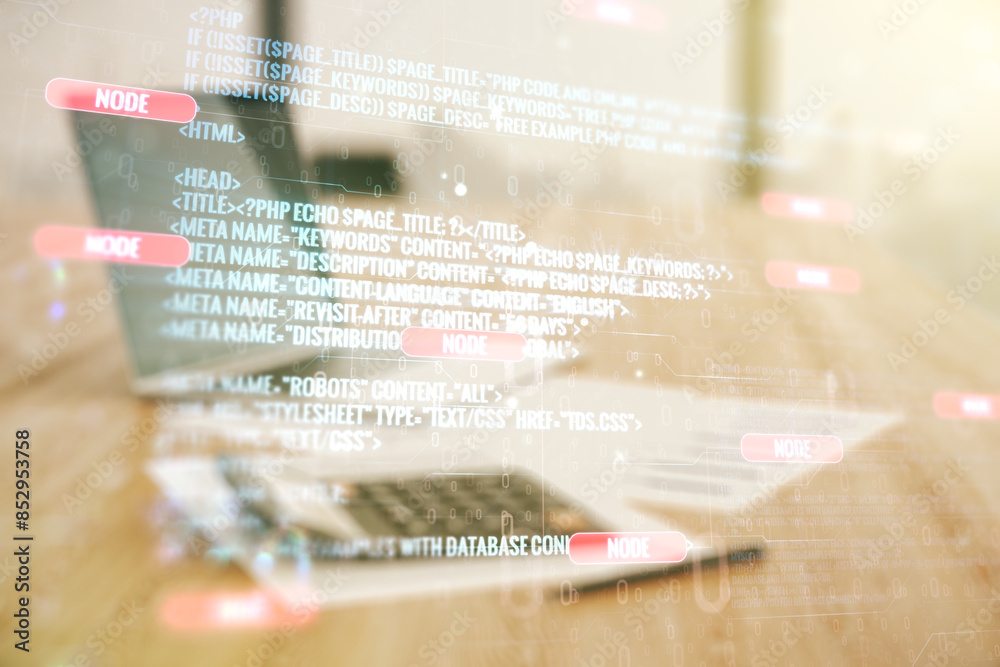 Fototapete double exposure of abstract creative programming illustration on calculator and pc background, big d