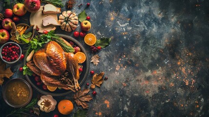 Top view of a festive Thanksgiving dinner spread featuring a roasted turkey, seasonal fruits, vegetables, and decorations on a rustic table.