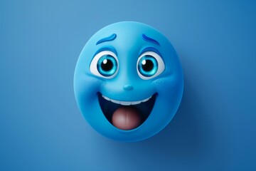 Cute blue baby face emoji smiling with big eyes on blue background