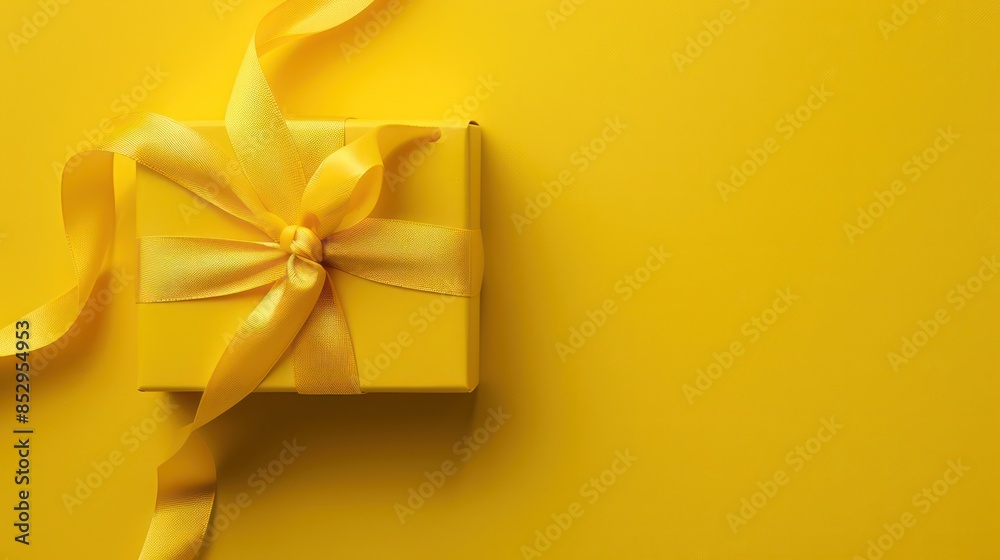 Wall mural bright yellow gift present box with ribbon and bow on yellow background top view copy space