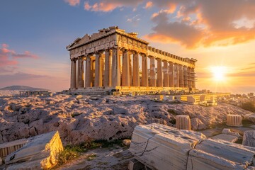 Obraz premium Vibrant sunset casting hues on parthenon temple, acropolis of athens, greece, creating stunning view