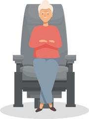 Senior woman is sitting comfortably in an armchair, with her arms crossed, looking confident and relaxed