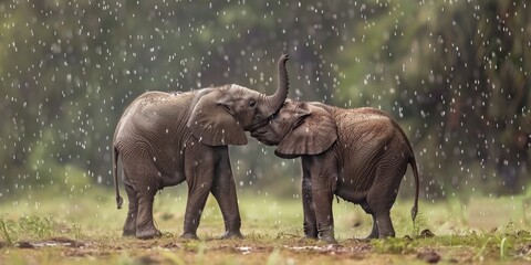 Two Adorable Elephants Huddling Together in the Rain for Warmth, Capturing the Essence of Zoology, Outdoor Dynamics, and Love. Perfect for Valentine's Day, White Day, and Celebrating Warmth and Affect