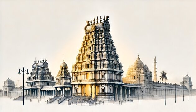 Watercolor illustration of a famous temples in tamil nadu.