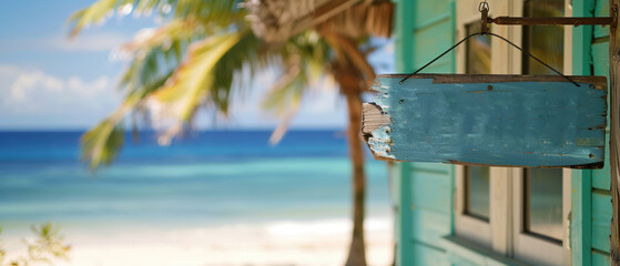 Oceanfront vacation rental for rent, Paradise awaits. Beachfront sign advertising vacation rental property.