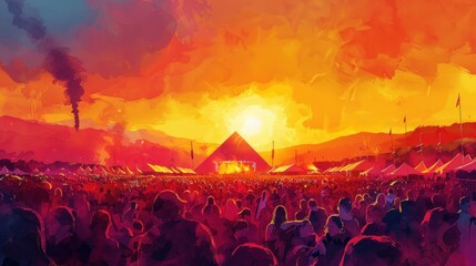 Low-angle view of Glastonbury Festival in golden hour, sea of people, iconic pyramid stage, vivid watercolor wash emphasizing the energy and diversity, filled with dynamic movement