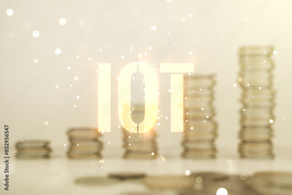 Poster Double exposure of abstract virtual IOT hologram on growing stacks of coins background, research and development concept