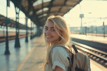 Fototapeta premium Young woman smiling at train station, ready for vacation, travel concept stock photo