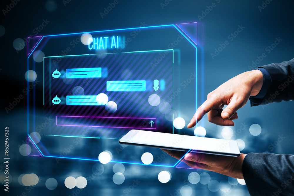 Poster close up of businessman hand pointing at tablet with creative ai chat hologram on blurry bokeh night