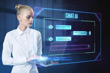 Attractive young european businesswoman using laptop with creative ai chat hologram on blurry background. Chat GPT and communication bot concept.