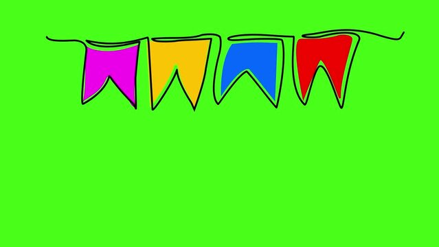 Continuous line art drawing buntings garland. Bandeirolas junina party. Triangle flags. Colorful flags. 4K animation flags on chroma key background