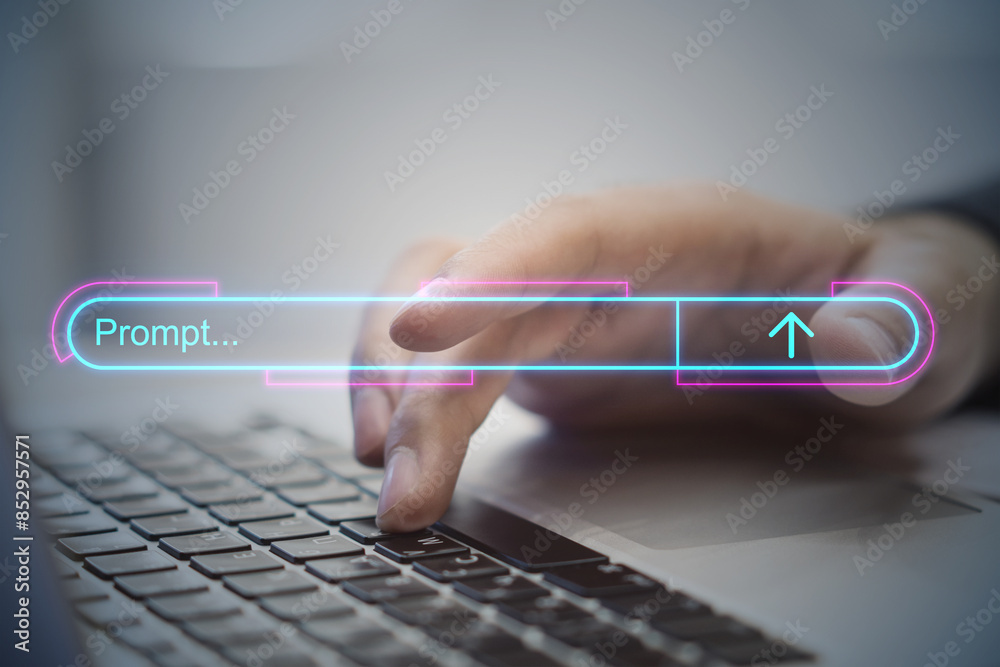 Poster close up of male hands using laptop with glowing search engine bar on blurry background. search engi