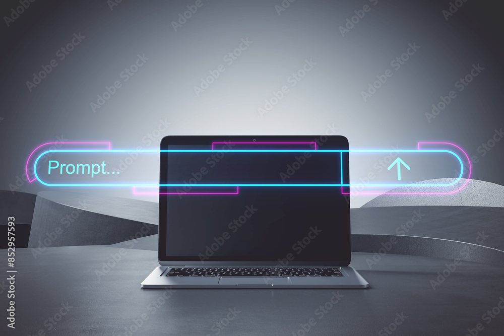 Poster Close up of laptop computer glowing search engine bar on blurry background. Search engine optimization concept. 3D Rendering.
