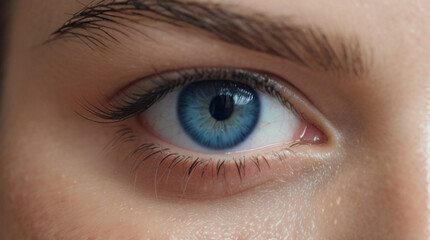 Fototapeta premium Close up of beautiful woman's blue eyes with eyelash and brow lift. 