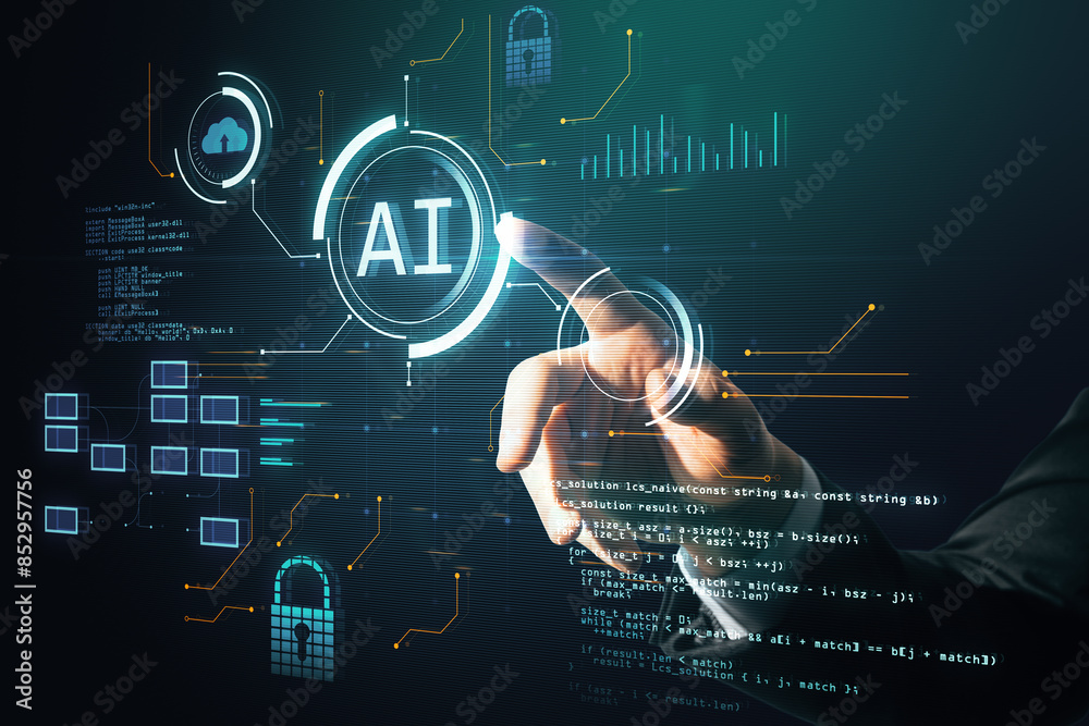 Poster Close up of man hand pointing at glowing blurry ai hologram with binary coding on blurry background. Artificial intelligence, technology and programming concept.