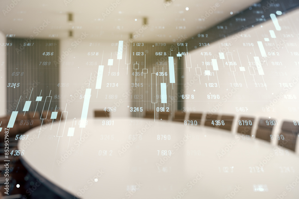 Poster abstract virtual stats data hologram on a modern conference room background. multiexposure
