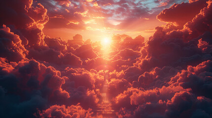 Stairway to Heaven.Stairs in sky. Concept with sun and clouds. Religion background. Red heart shaped sky at sunset. Love background with copy space