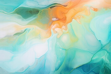 Stunning abstract fluid art background featuring swirling colors of blue, green, and orange in a dreamlike pattern