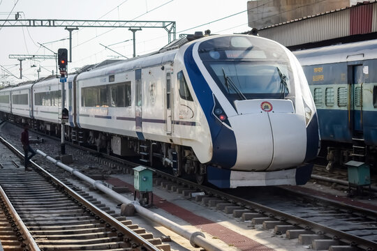 Delhi, India, June 09 2024 - Vande Bharat Express train going from Delhi towards Dehradun from Anand Vihar railway station, Vande Bharat fastest Train of India