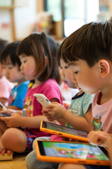 Fototapeta premium Japanese children using tablets in class for educational games