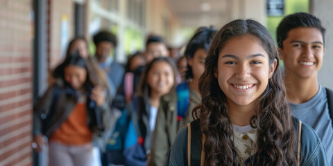 Latino students eagerly entering school on the first day back