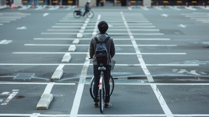 a man was parking his bicycle in the parking lot of a large mall in Japan. next to him was a person who greeted him from a distance.