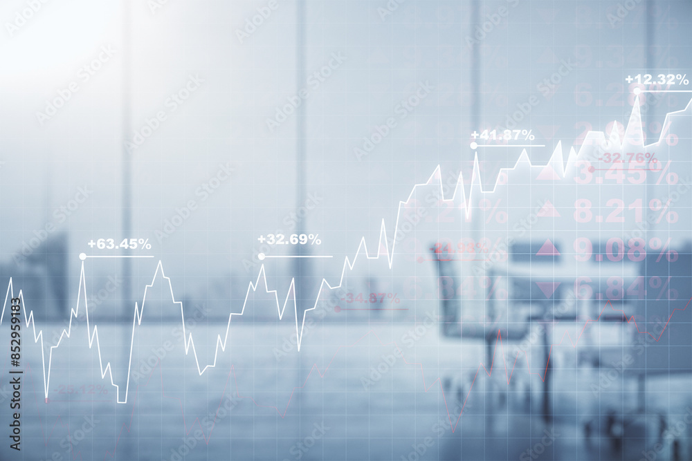 Poster multi exposure of virtual abstract financial graph interface on a modern coworking room background, 