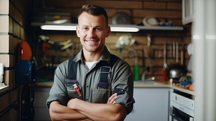 portrait of a smiling Caucasian plumber in uniform in the kitchen or bathroom. against the backdrop of repaired and installed plumbing fixtures
