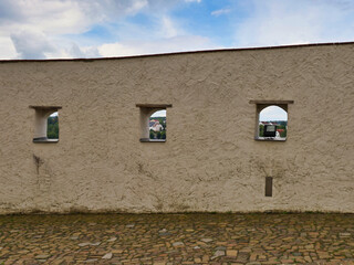 Blick auf die Schlaossmauer, Blick vom Schloss auf die Stadt Colditz, Landkreis Leipzig, Sachsen,...