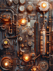 Fototapeta premium Cyberpunk Hacker Breaking Through Digital Defenses with Steampunk Gadgets