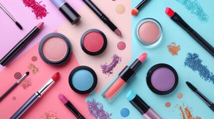 a set of professional decorative cosmetics with colorful background. top view.