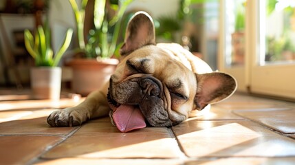 The French bulldog sleeps peacefully on the tiled floor, sticking out his tongue, enjoying the coolness indoors on a hot sunny day