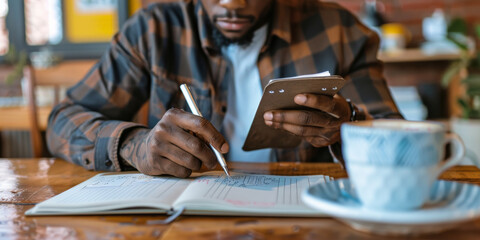 a Black man organizing his day with a planner and a cup of coffee