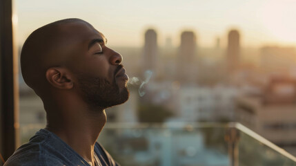 a Black man practicing deep breathing exercises on his balcony