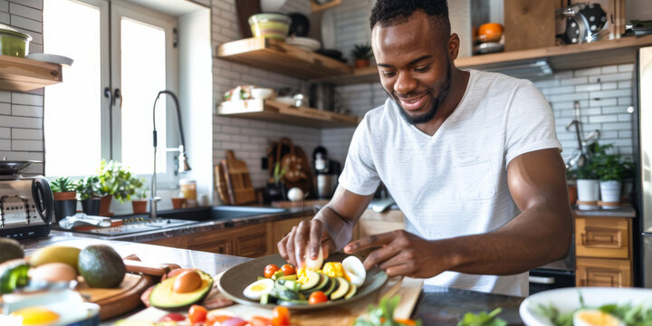 a Black man preparing a nutritious breakfast with eggs, avocado, and whole grain toast