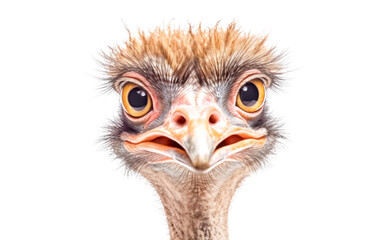 A close up of an ostrich's face with its beak open.