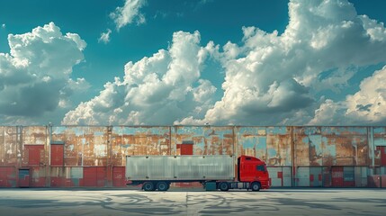 A red truck is parked in front of a building under a cloudy sky. Transport and logistics