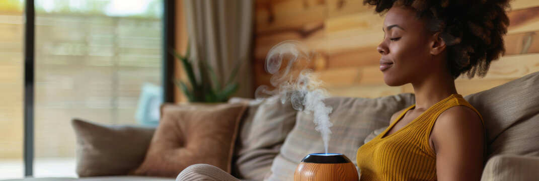 a Black woman using essential oils in a diffuser for morning relaxation