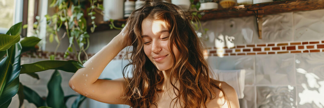 a Caucasian woman doing a morning hair care routine with natural products in a bohemian bathroom