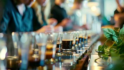 Vague shapes of customers tasting different blends at a coffee tasting event