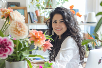 a Hispanic woman arranging her workspace with fresh flowers and motivational quotes