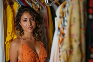a Hispanic woman organizing her closet and planning outfits for the week