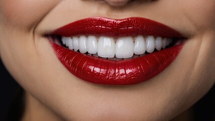 Fototapeta premium Mouth and lips with red lipstick close-up, snow-white teeth. Concept: dental services, dental implants
